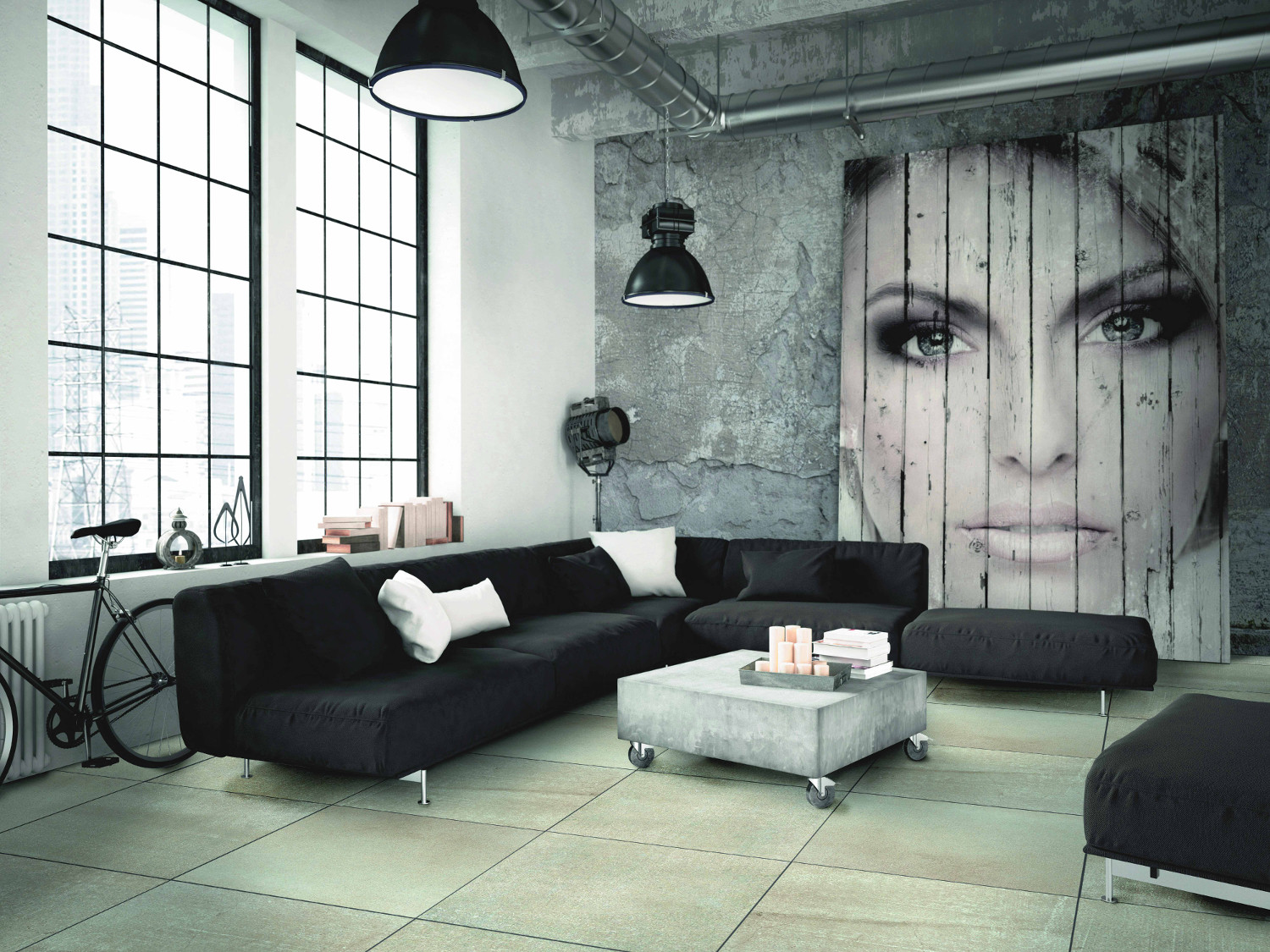 Wohnzimmer im Loftstil mit großformatigen Fliesen in Betonoptik